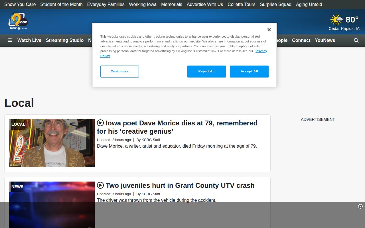 KCRG TV9 local news page covering Linn County