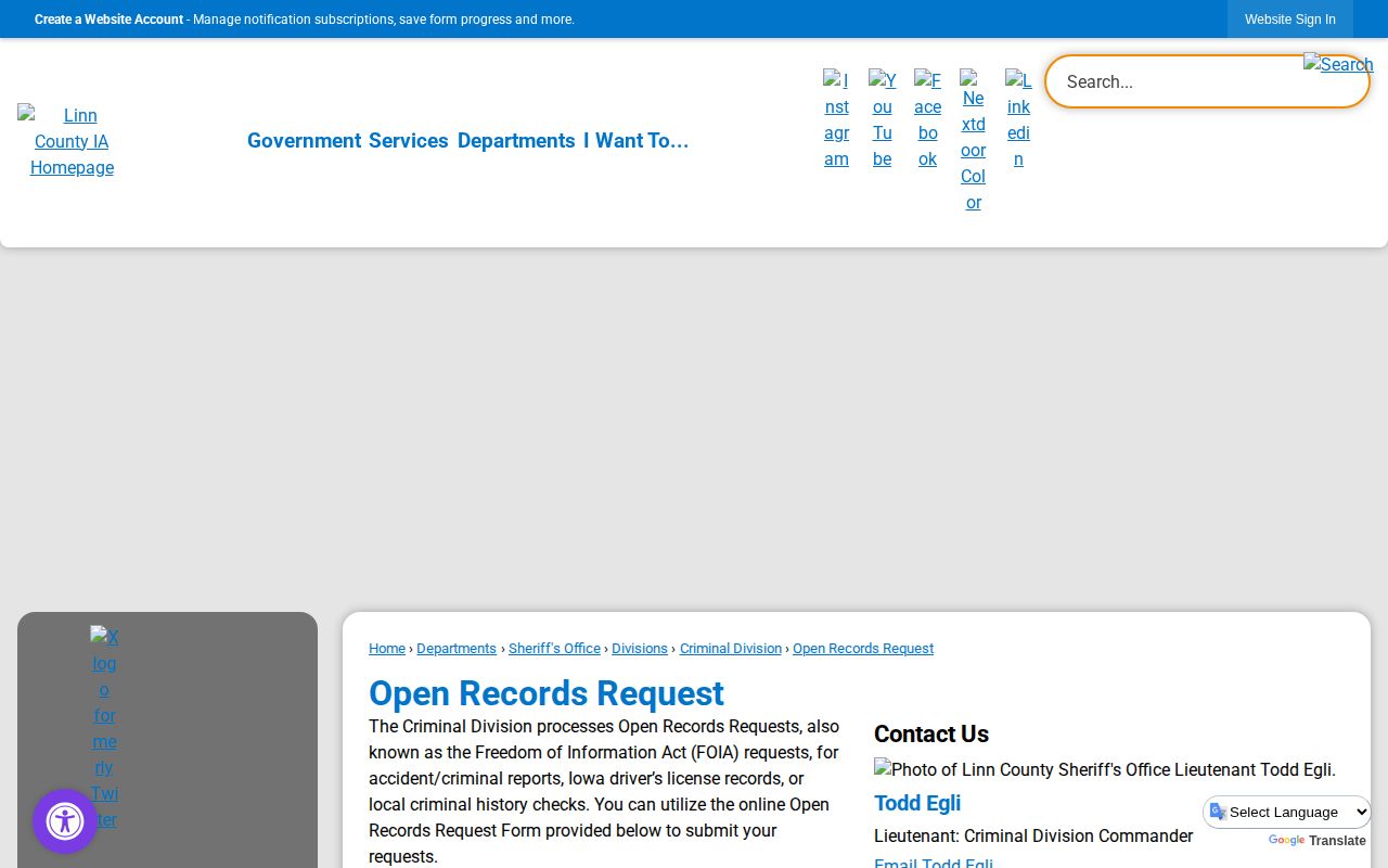 Linn County Sheriff booking record open records request page