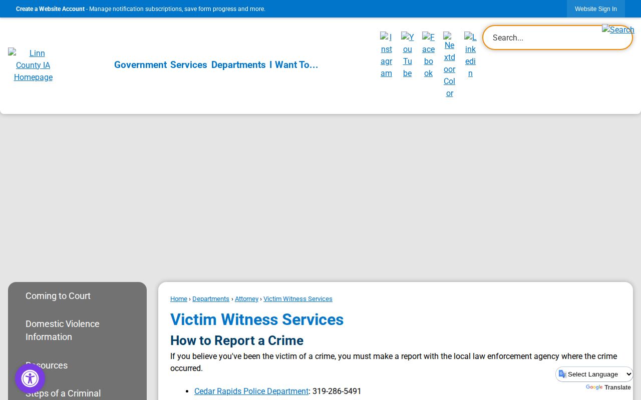 Linn County Victim Witness Services page linking to IowaVINE alerts